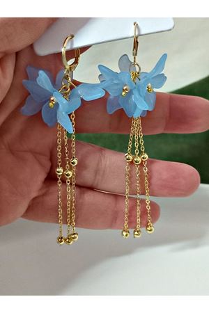 Pastel Pembe Çiçek Gold Sallantılı Uzun Kadın Küpe