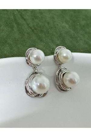 Gold Çift İncili  Şık Kadın Küpe