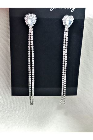 Gümüş İnce Taşlı Kalp Uzun Abiye Kadın Küpe