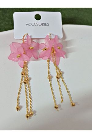 Pastel Pembe Çiçek Gold Sallantılı Uzun Kadın Küpe