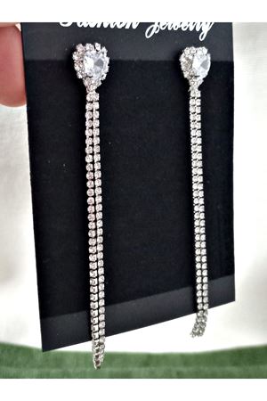 Gümüş İnce Taşlı Kalp Uzun Abiye Kadın Küpe