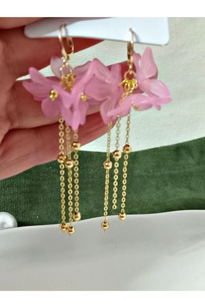 Pastel Pembe Çiçek Gold Sallantılı Uzun Kadın Küpe