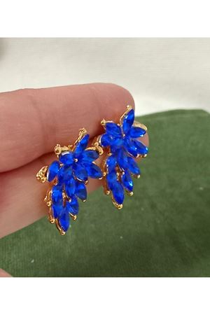 Mavi Kristal Taşlı Gold Abiye Şık Kadın Küpe