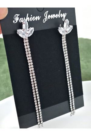 Gümüş İnce Taşlı Yaprak Uzun Abiye Kadın Küpe