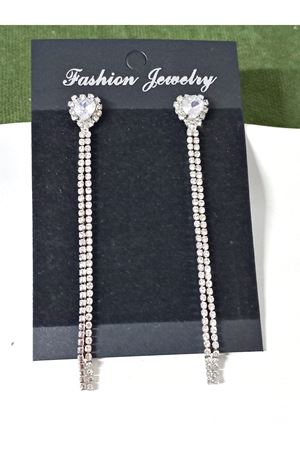 Gümüş İnce Taşlı Kalp Uzun Abiye Kadın Küpe