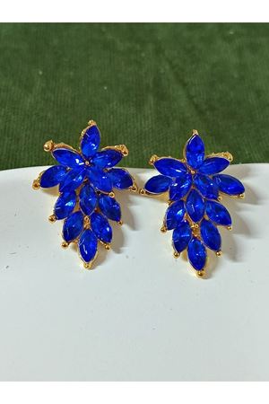 Mavi Kristal Taşlı Gold Abiye Şık Kadın Küpe