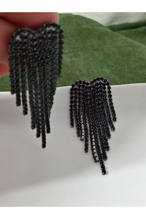 Siyah Taşlı Sallantılı Uzun Kadın Abiye Küpe, Püskül küpe, Suyolu