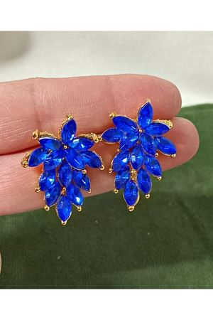 Mavi Kristal Taşlı Gold Abiye Şık Kadın Küpe