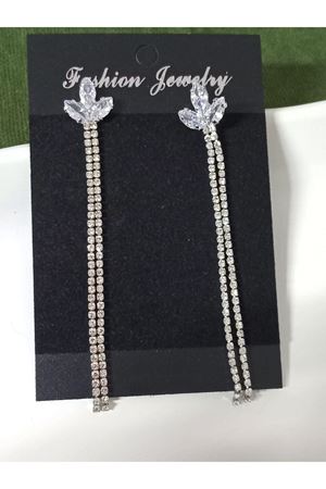 Gümüş İnce Taşlı Yaprak Uzun Abiye Kadın Küpe