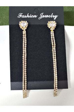 Gold İnce Taşlı Kalp Uzun Abiye Kadın Küpe