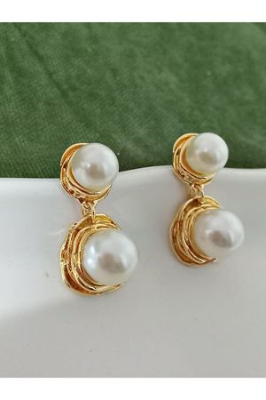 Gold Çift İncili  Şık Kadın Küpe