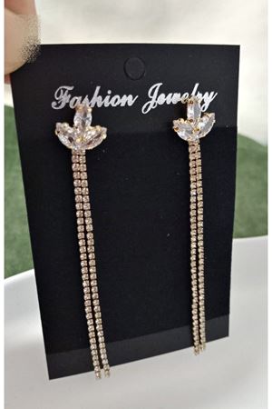 Gold İnce Taşlı Yaprak Uzun Abiye Kadın Küpe