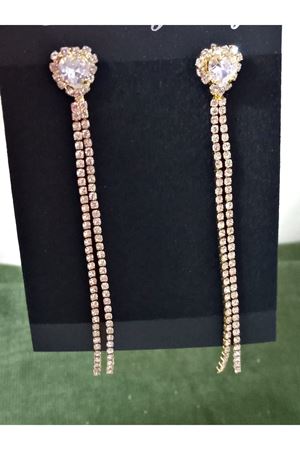 Gold İnce Taşlı Kalp Uzun Abiye Kadın Küpe