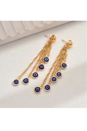 Altın Kaplama Nazar Boncuklu Püskül Kadın Küpe, Uzunluk:7,5cm