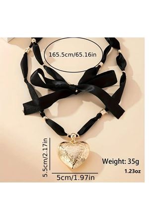 Gold Kalp Siyah Kumaş Uzun Kadın Kolye
