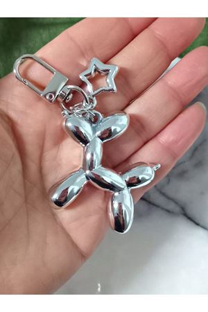 Balon Köpek Gümüş Anahtarlık, Çanta Süsü , Çanta Aksesuarı, Araba Süsü