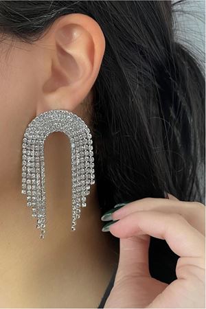 Beyaz Taşlı Işıltılı Kadın Abiye Küpe, Püskül Küpe, Suyolu