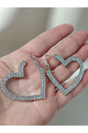 Gümüş Kristal Taşlı Büyük Kalp Kadın Abiye Küpe,suyolu