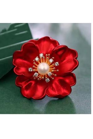 İnci Ve Taş Detaylı Kırmızı Gül Elegant Şık Broş