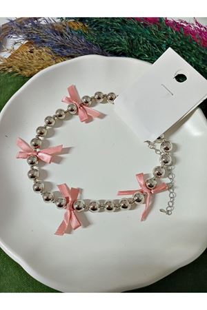 Pembe Fiyonk Kurdele Tasarımlı  Gümüş Kadın Kolye