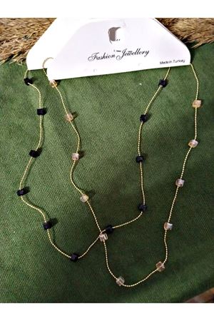 Gold Siyah Kare Boncuklu Kadın Kolye