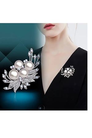 Gümüş İncili Taşlı Yaprak Şık Abiye Günlük Broş