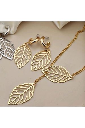Gold 3 Parça Yaprak Kadın Kolye Küpe Seti