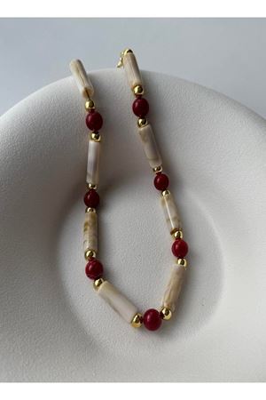 Krem Bordo Boncuklu  Şık Kadın Kolye