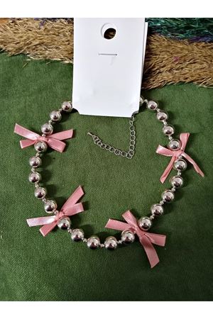 Pembe Fiyonk Kurdele Tasarımlı  Gümüş Kadın Kolye