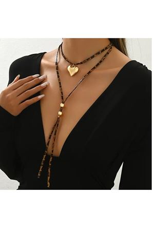 Ayarlanabilir Uzun Leopar Deri Vintage Gold Kalp Kolye