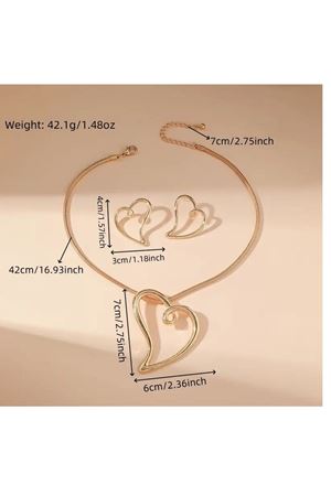 Gold Kalp Kolye Ve Küpe Seti, 3 Parça