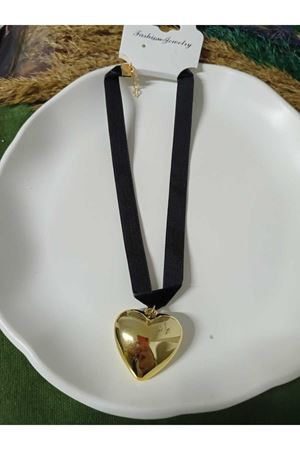Şık Seksi Aşk Kalp Kolye Siyah Flanel Kayışlı Choker , Gold Kalp Kolye