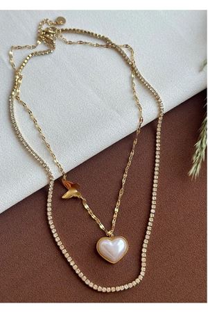 Çelik Gold Çift Zincirli Beyaz Sedef Kalp Kelebek Kolye