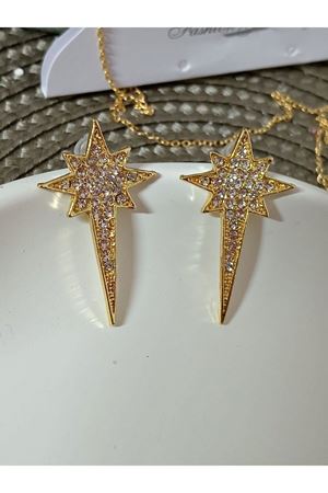 Çelik Kutup Yıldızı Zirkon Taşlı Gold Kadın Küpe