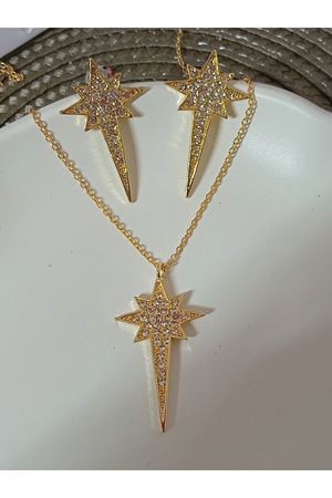 Çelik Kutup Yıldızı Zirkon Taşlı Gold Kadın Küpe