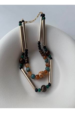 Leopar Detaylı Kahverengi Boncuklu  Kadın Kolye