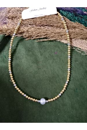 Beyaz İnci Uçlu Dorika Şık Abiye Günlük Gold Kadın Kolye