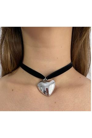 Şık Seksi Aşk Kalp Kolye Siyah Flanel Kayışlı Choker , Gümüş Kalp Kolye