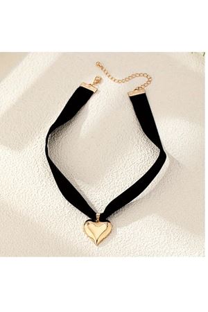 Şık Seksi Aşk Kalp Kolye Siyah Flanel Kayışlı Choker , Gold Kalp Kolye