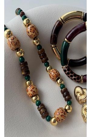 Leopar Detaylı Yeşil Kahve Boncuklu Şık Kadın Kolye