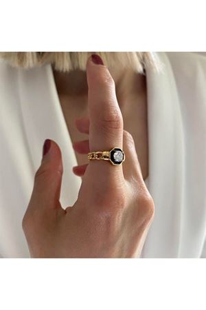 Serenay Siyah Mineli Gold  Ayarlanabilir Taşlı Şık Çelik Yüzük