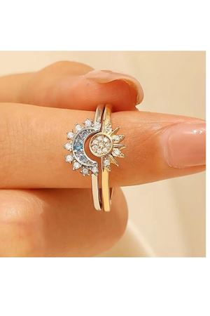 Ay ve Güneş  2 li  Ayarlanabilir Taşlı Şık Çelik Yüzük