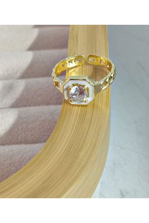 Serenay Beyaz Mineli Gold  Ayarlanabilir Taşlı Şık Çelik Yüzük