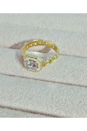 Serenay Beyaz Mineli Gold  Ayarlanabilir Taşlı Şık Çelik Yüzük
