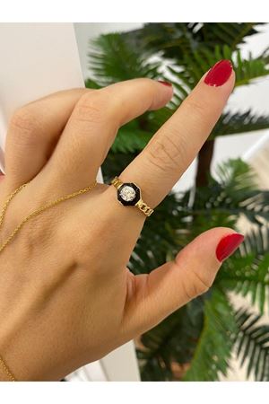 Serenay Siyah Mineli Gold  Ayarlanabilir Taşlı Şık Çelik Yüzük