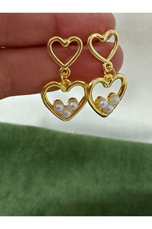 Çelik Gold İncili Kalp Aşk Love Kadın Küpe