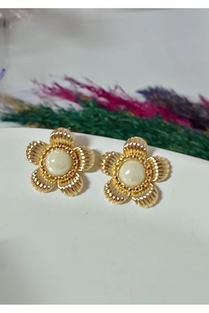Gold Krem Taşlı Çiçek  Şık Kadın Küpe