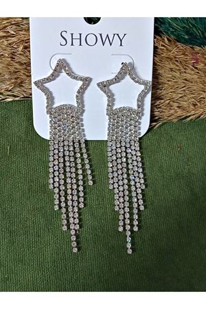 Kristal Taşlı Yıldız Sallantılı Uzun Kadın Abiye Küpe