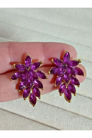 Mor Kristal Taşlı Gold Abiye Şık Kadın Küpe