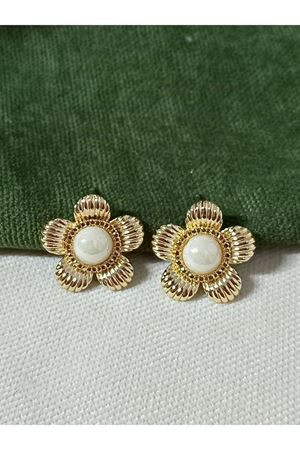 Gold Krem Taşlı Çiçek  Şık Kadın Küpe